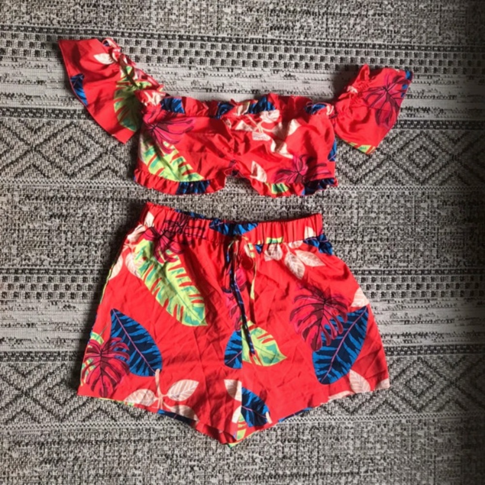 SHEIN Red and Blue Tropical Print Shorts
